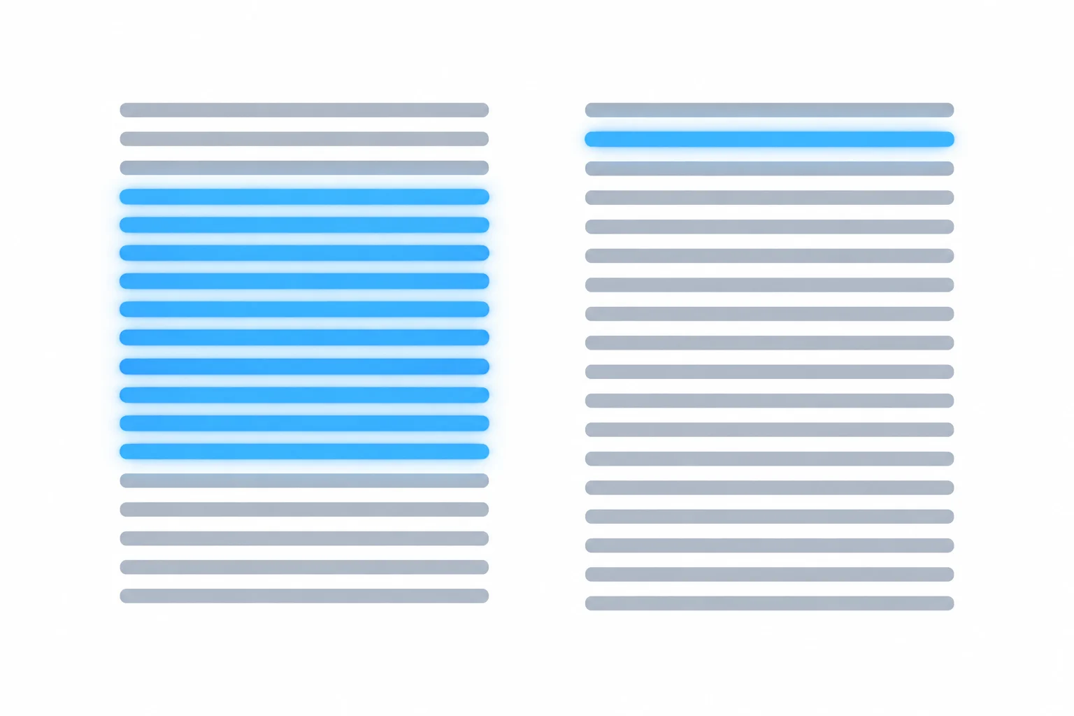 Diagrama comparando um bloco com muitas marcas metafóricas concentradas e outro com uma única marca destacada entre segmentos neutros.