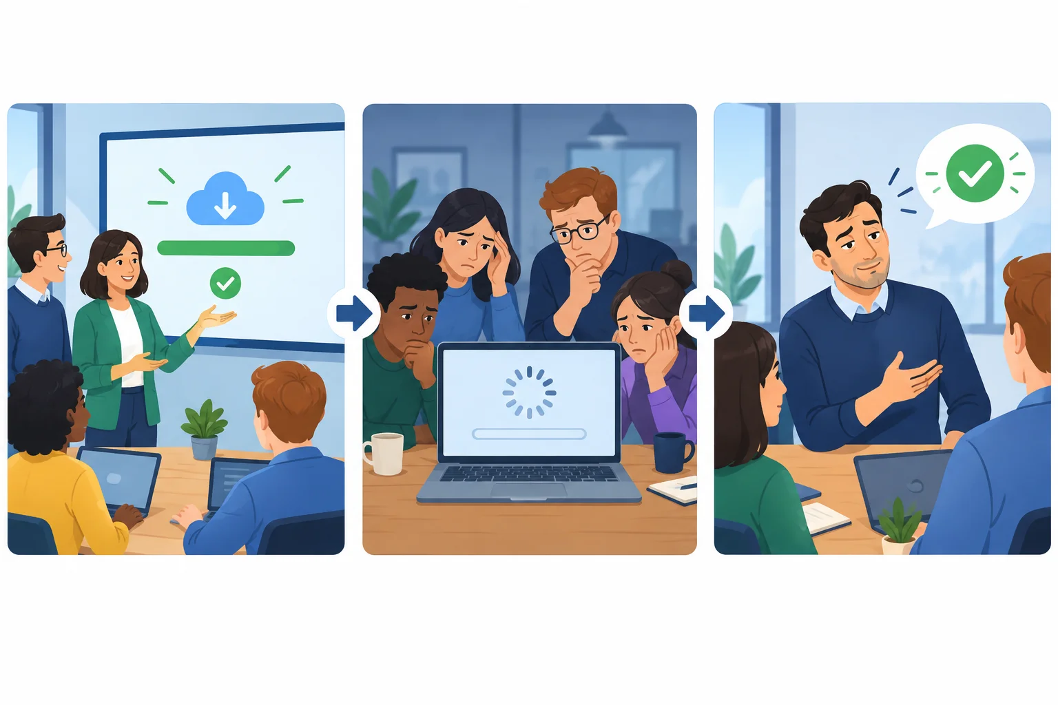 Esquema em três momentos: promessa de atualização tranquila, sistema parado e comentário avaliativo aparentemente positivo.