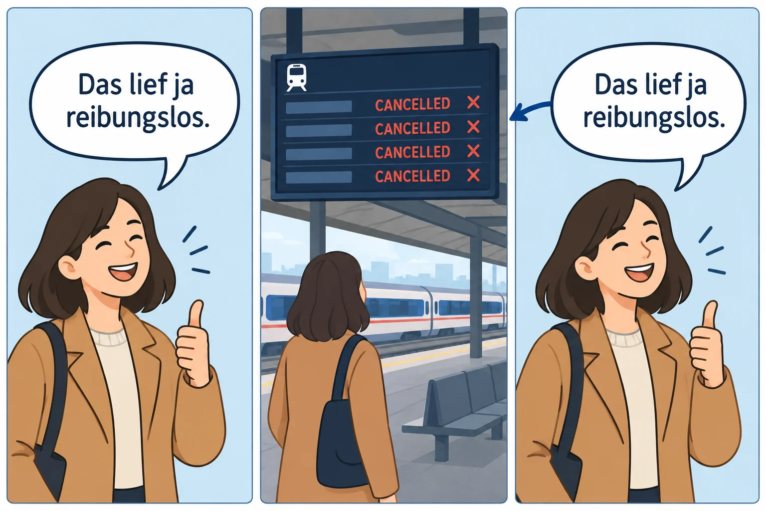 Esquema que contrapõe a frase alemã “Das lief ja reibungslos.” a um trem cancelado, mostrando a pista factual que permite recuperar a ironia.