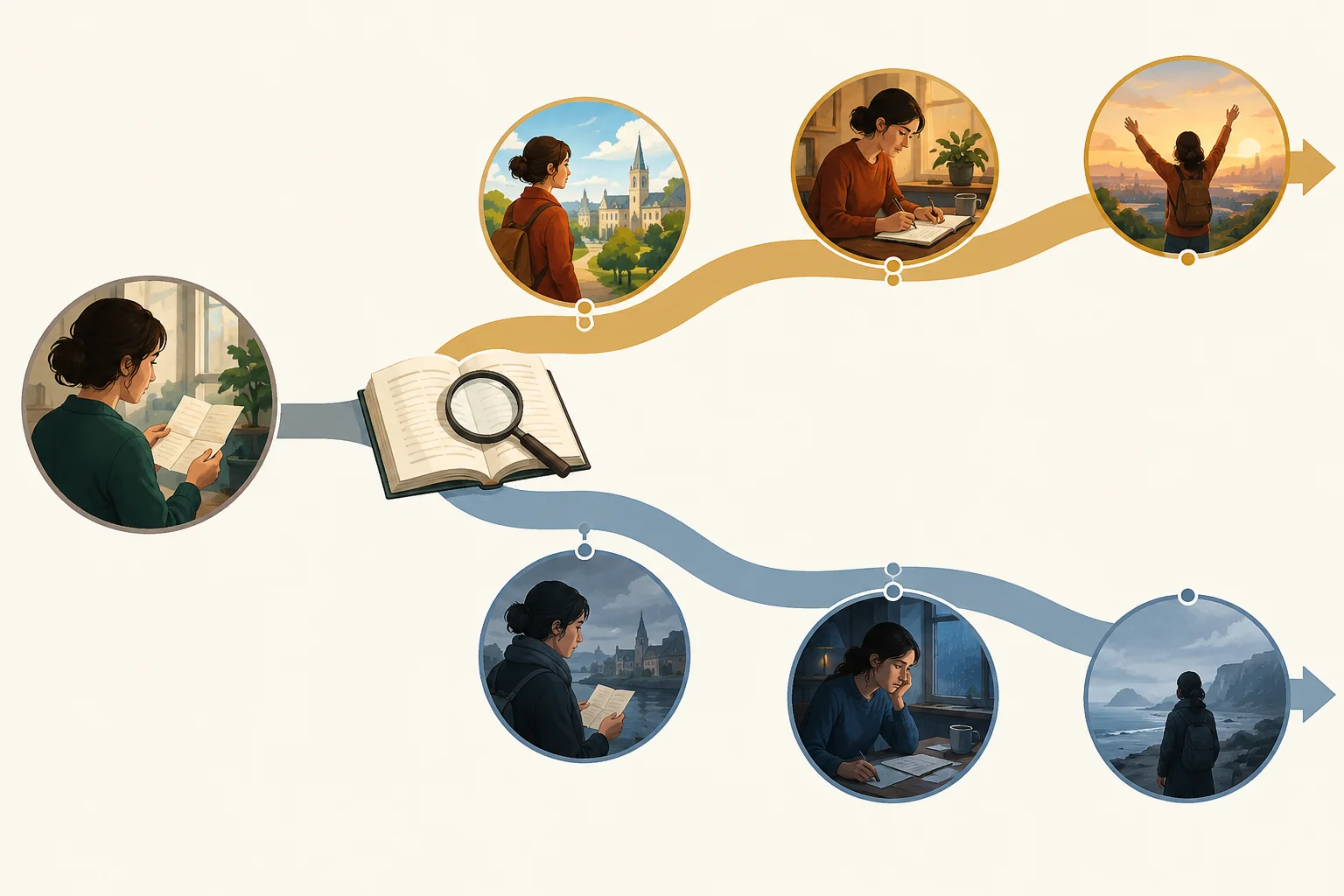 Diagrama de uma pergunta central que se ramifica em duas leituras e se relaciona a indícios no início, no meio e no fim de uma narrativa.