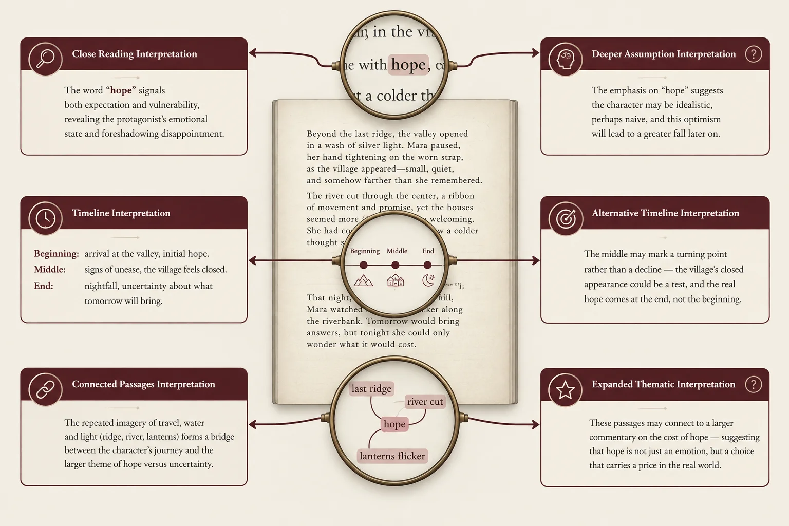 Diagrama com dois caminhos interpretativos avaliados pelos mesmos três critérios: escolhas lexicais e distribuição de informações, cobertura das passagens e suposições adicionais.