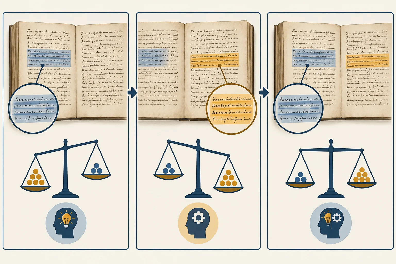 Diagrama de três momentos: uma passagem inicial apoia uma leitura, uma passagem posterior cria contraste e o retorno à passagem inicial reequilibra sua interpretação.