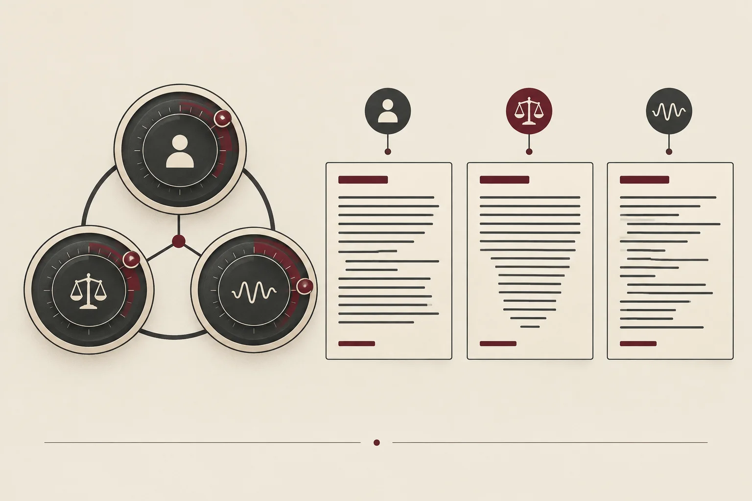 Diagrama com três controles conectados e parágrafos de formatos variados, mas visualmente coerentes.