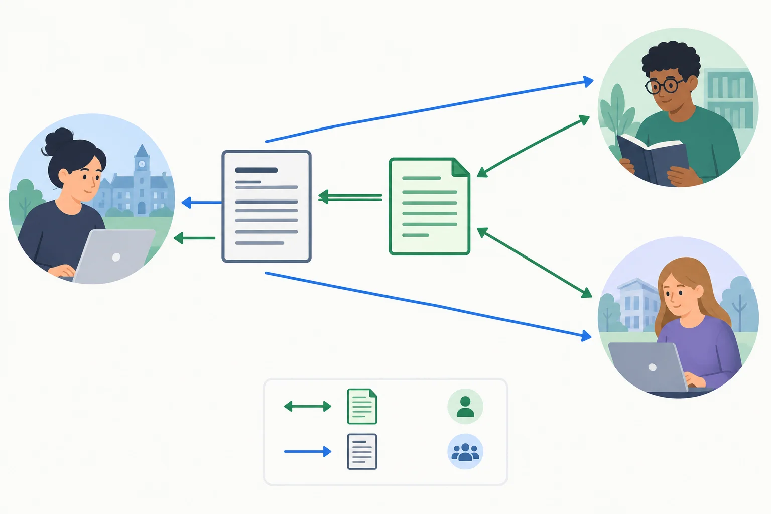 Diagrama com uma posição original, uma réplica, o autor à esquerda e outros leitores à direita.
