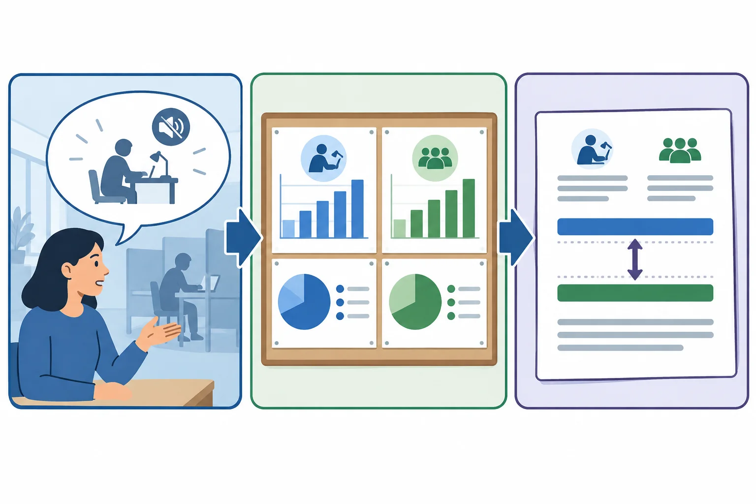 Esquema em três etapas: posição sobre silêncio, dados sobre silêncio e trabalho em grupo, e réplica focada na lacuna de planejamento.