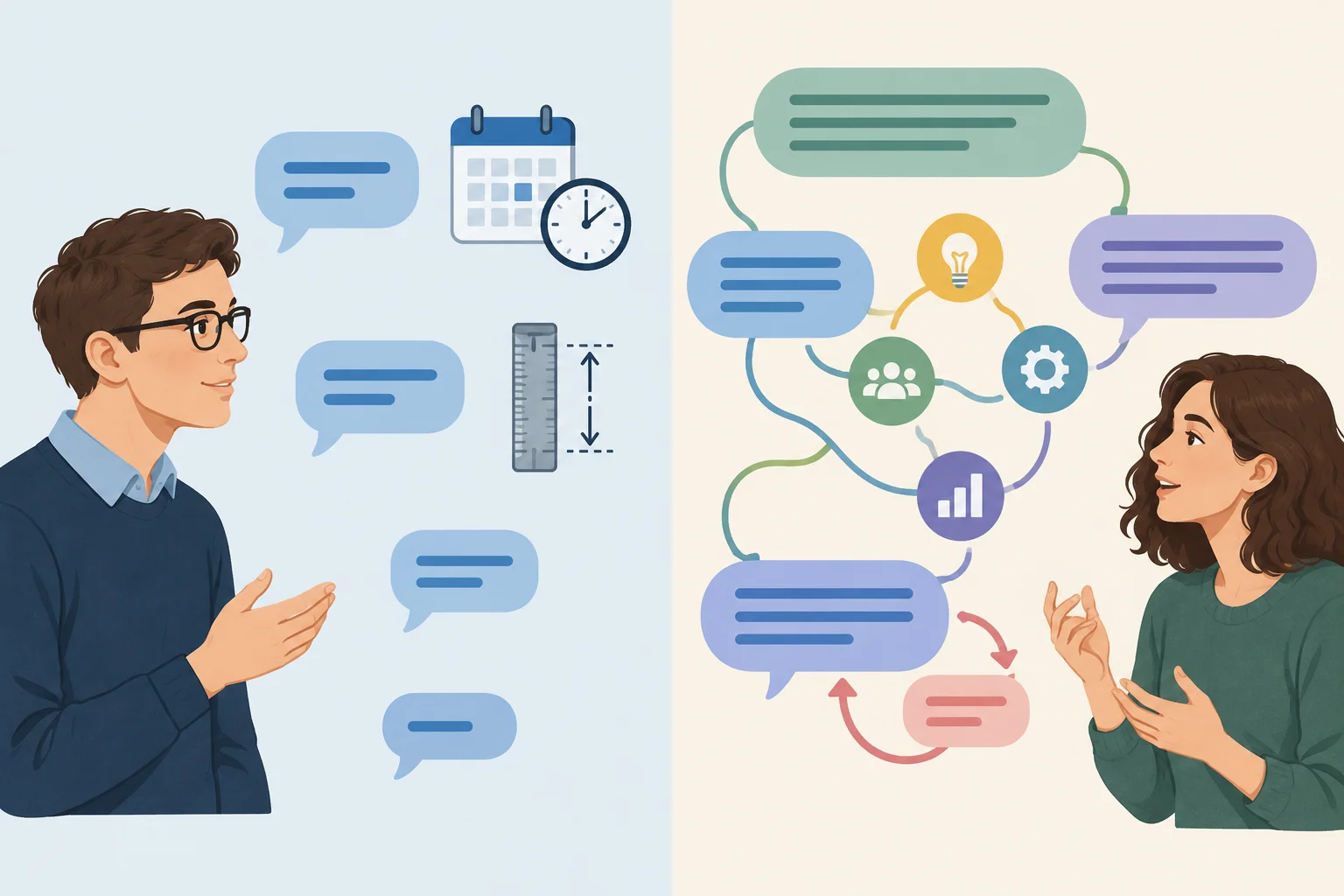 Diagrama lado a lado: à esquerda, uma voz composta por blocos curtos, um relógio e uma marca de precisão; à direita, uma voz com blocos mais conectados e uma curva de reformulação.