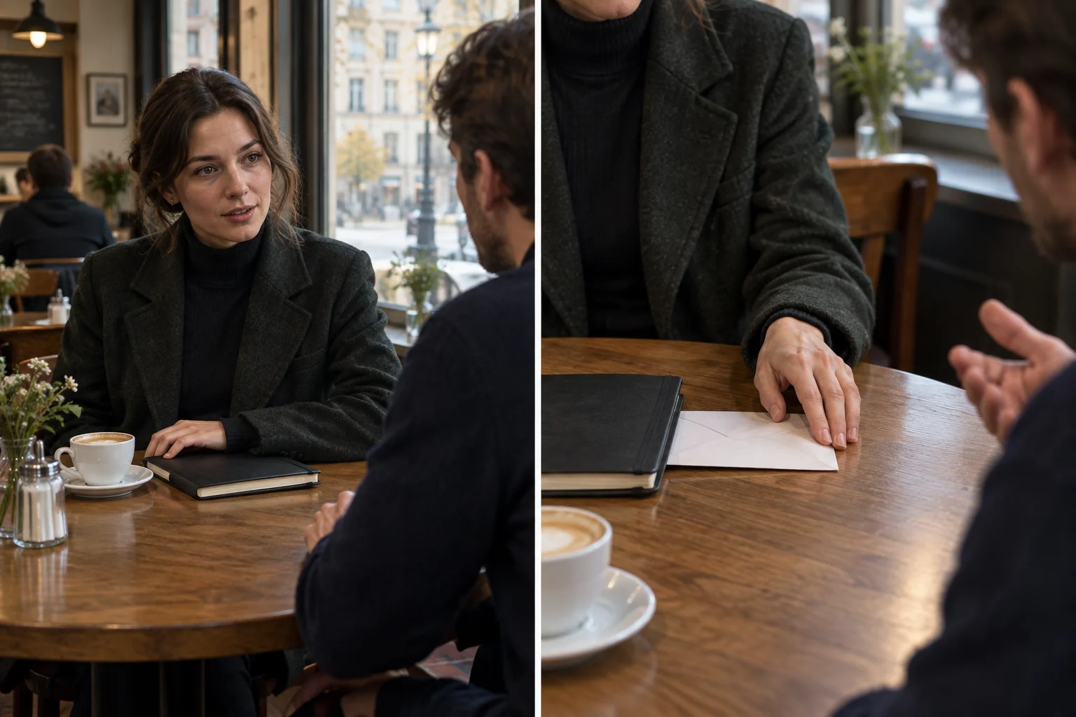 Uma personagem afasta discretamente um envelope enquanto conversa com outra pessoa.