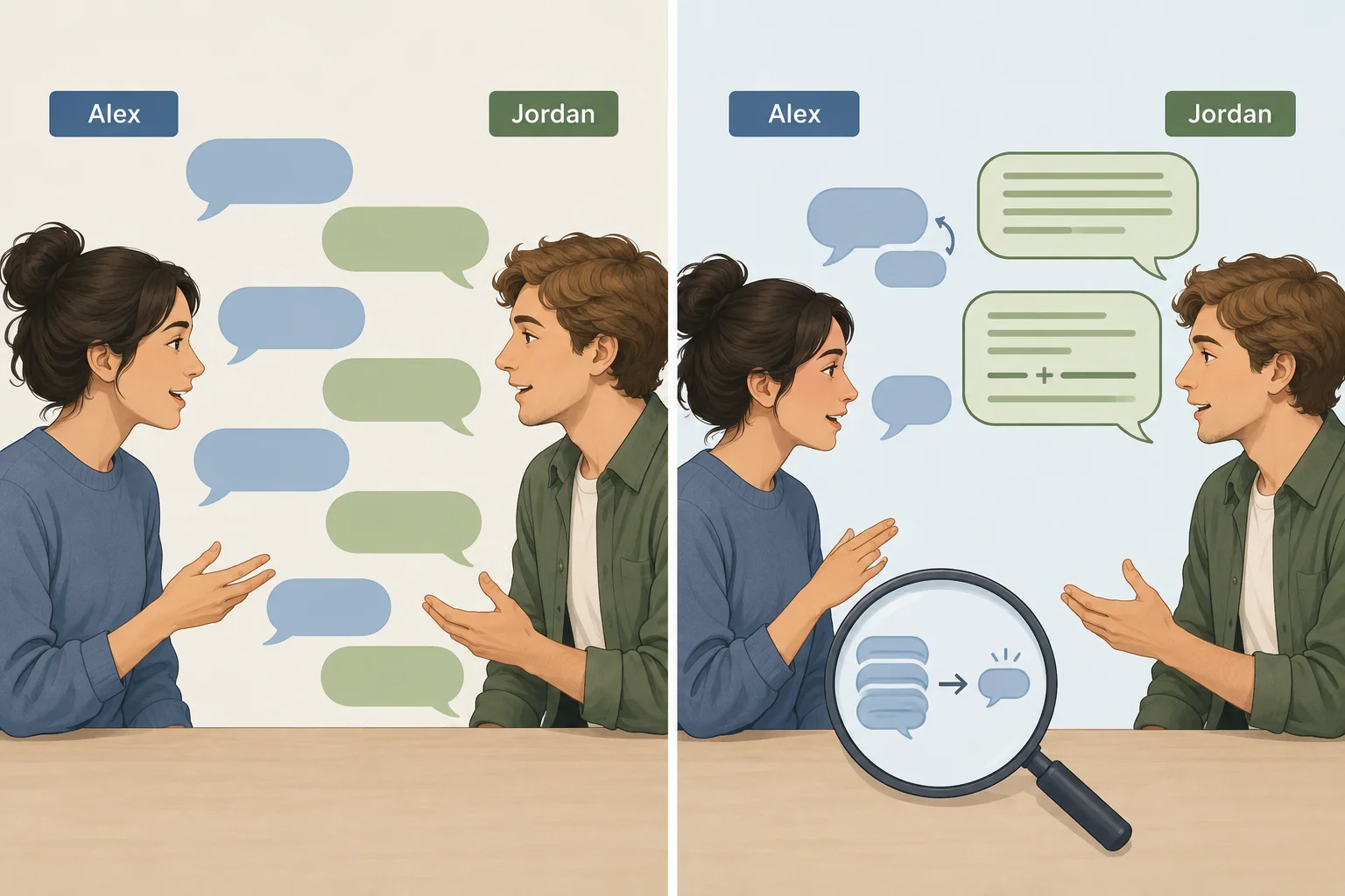 Diagrama comparando falas intercambiáveis com falas que têm padrões de formulação distintos, e mostrando a redução de um bordão repetido.