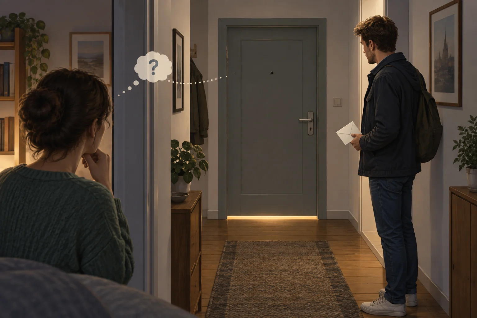 Diagrama de uma cena em que Lukas vê um envelope, Mara vê apenas a porta fechada e ambos podem perceber a porta.