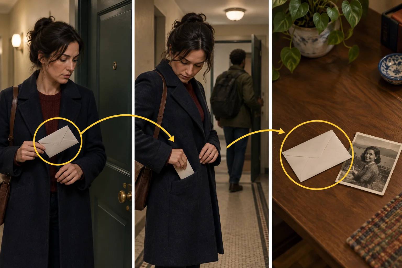 Três momentos de uma cena mostram um envelope percebido, guardado e retomado depois como pista.