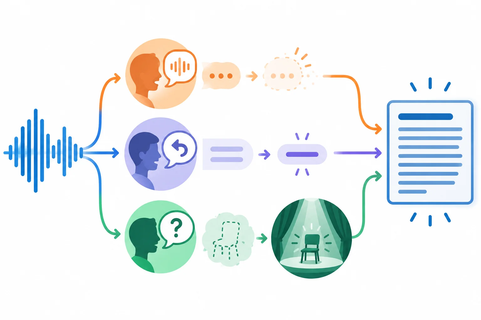 Diagrama mostrando que marcas da fala podem ser retiradas, condensadas ou reformuladas ao passar para a escrita.
