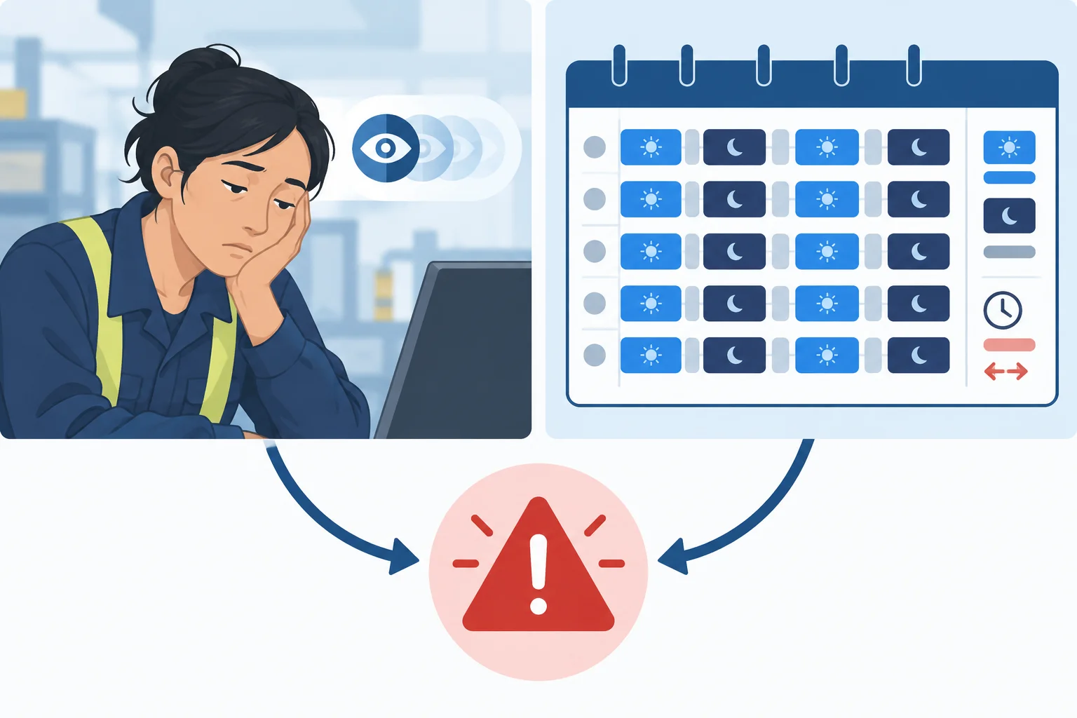 Diagrama de dois níveis explicativos: atenção reduzida de uma pessoa e organização de turnos com pouco descanso, ambos ligados ao risco de erro no trabalho.