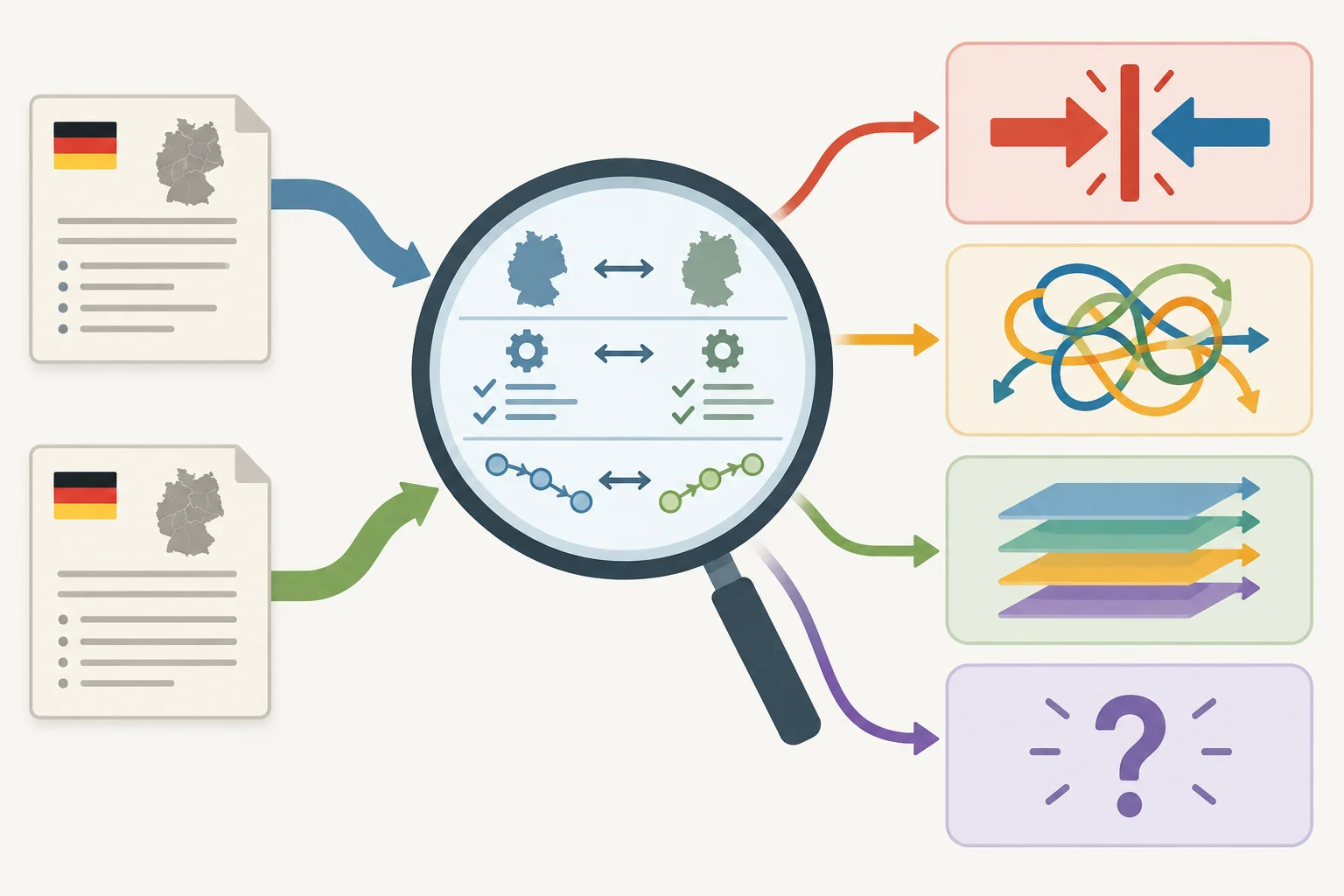 Diagrama visual do diagnóstico: duas fontes são comparadas quanto a condições, escopo e relações explicativas antes de seguir para quatro resultados possíveis.