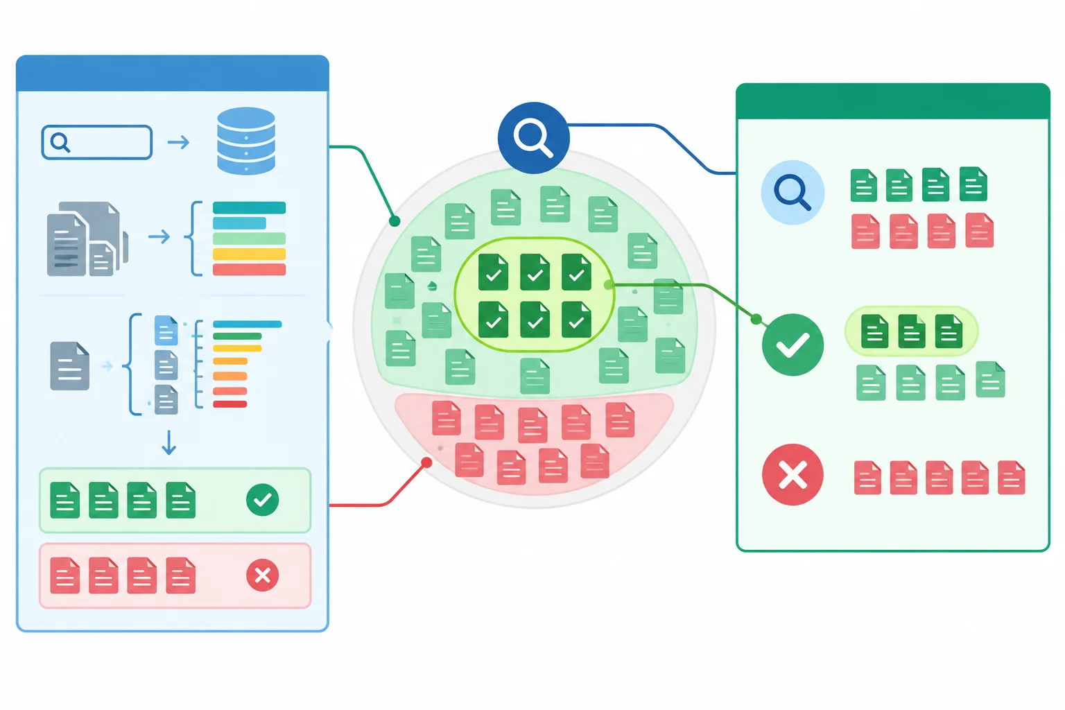 Diagrama ligando duas explicações de tamanhos diferentes ao mesmo conjunto de documentos recuperados, relevantes e não relevantes.