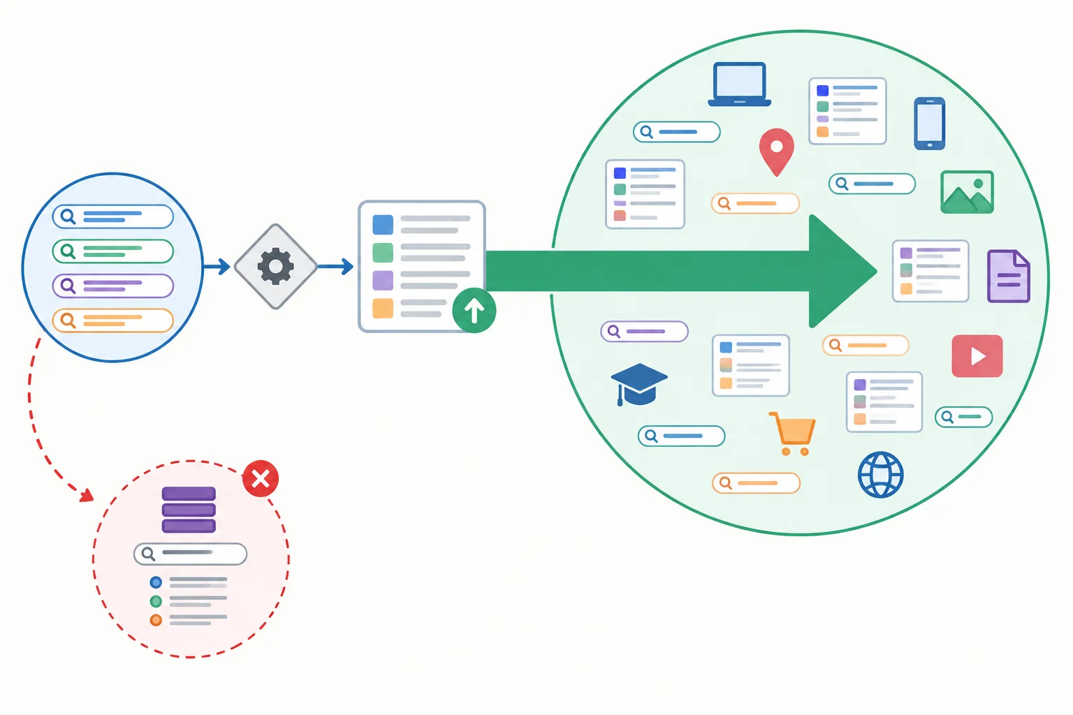 Diagrama comparando um conjunto limitado de consultas avaliadas com uma afirmação que se estende indevidamente a muitos contextos de busca.