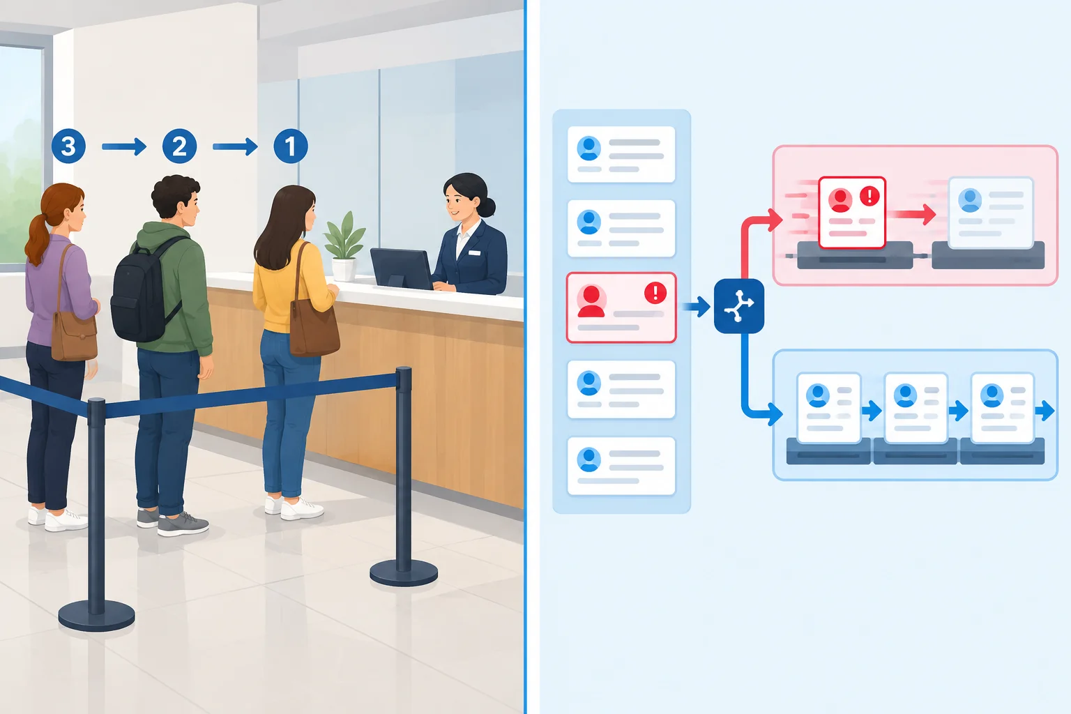Comparação entre uma fila única de atendimento presencial e um sistema digital em que uma solicitação urgente é processada antes de solicitações comuns que chegaram antes.