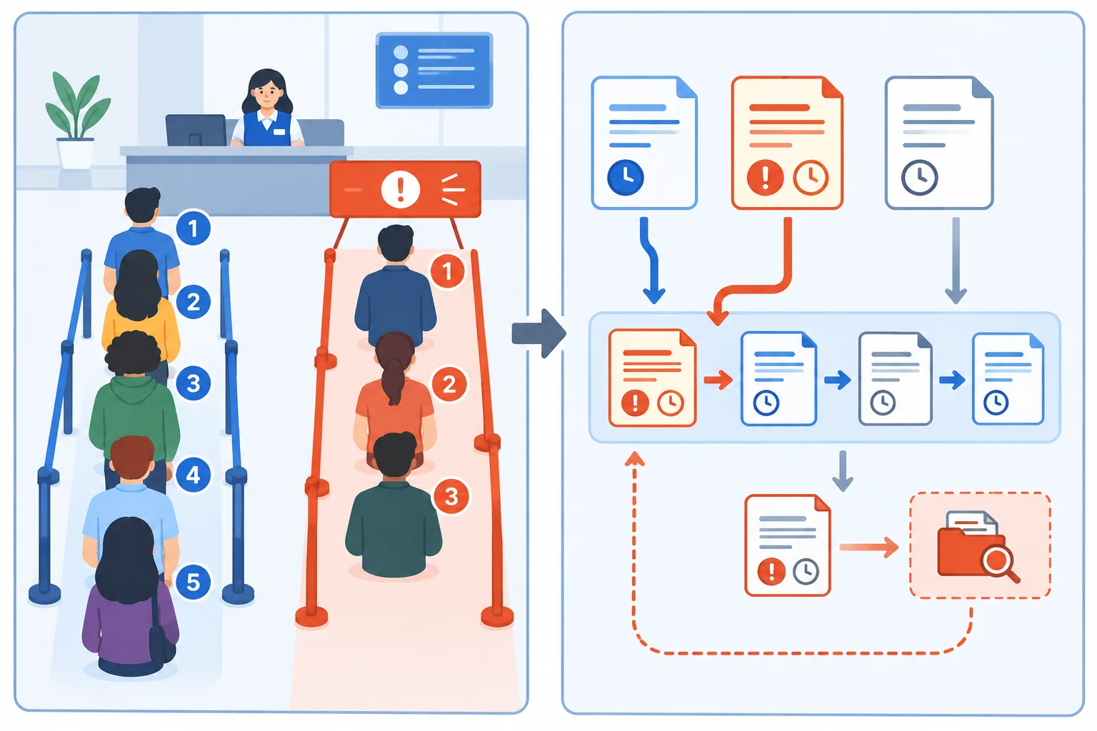 Diagrama em dois painéis: uma fila familiar e um fluxo digital, ambos com ordem geral, prioridade por prazo e desvio para pendências.