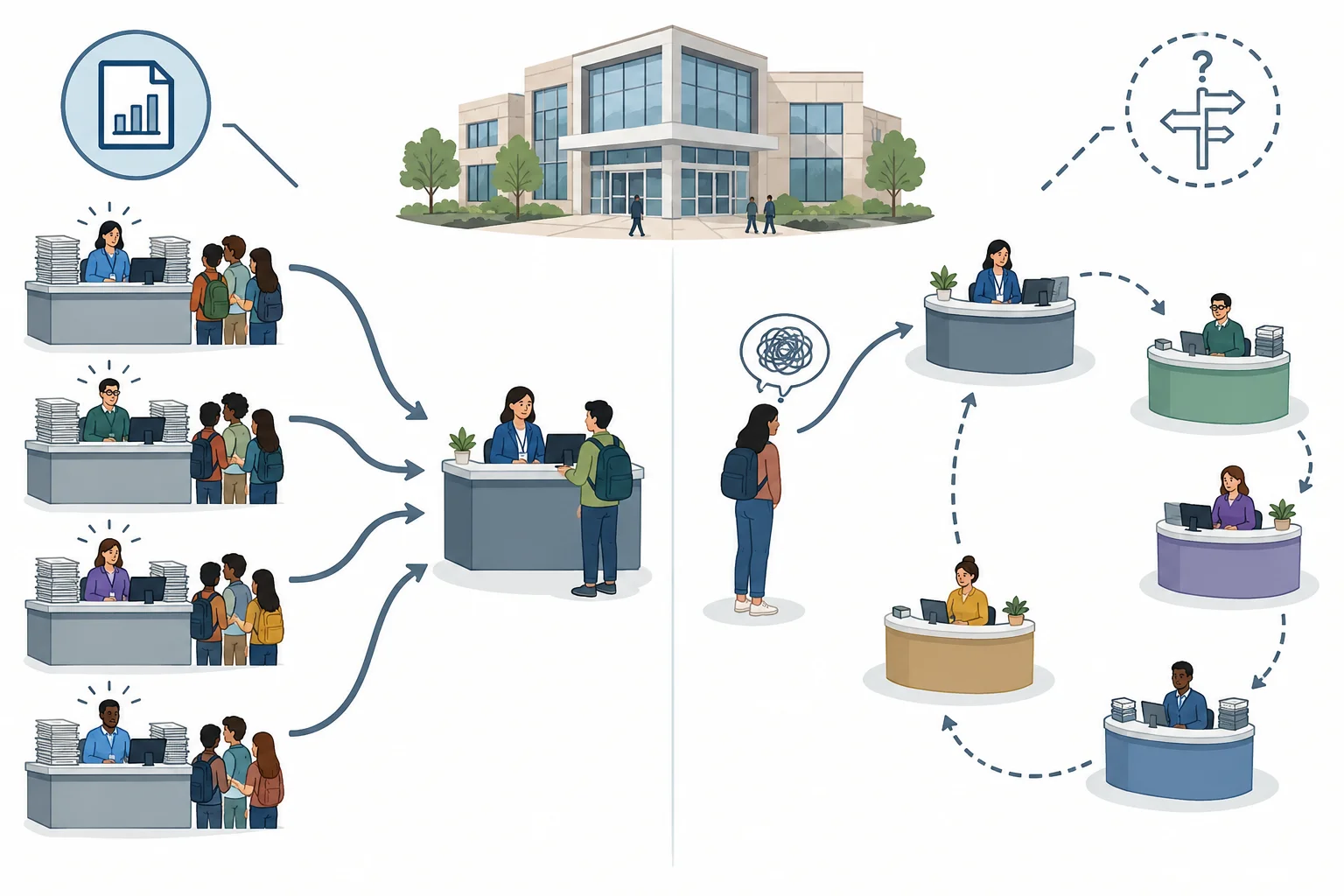 Esquema com unidades de atendimento sobrecarregadas convergindo para uma central e, em contraste, um caso complexo passando por encaminhamentos; ícones distinguem dado documentado de projeção não verificada.