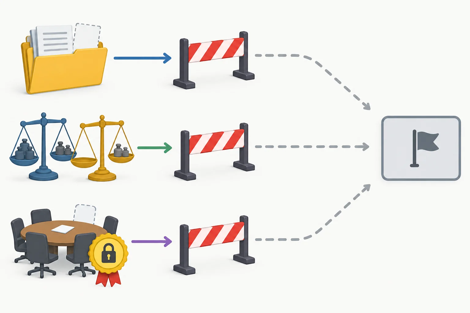 Diagrama com informação incompleta, critérios em conflito e autoridade ausente, cada um interrompendo uma conclusão compartilhada.
