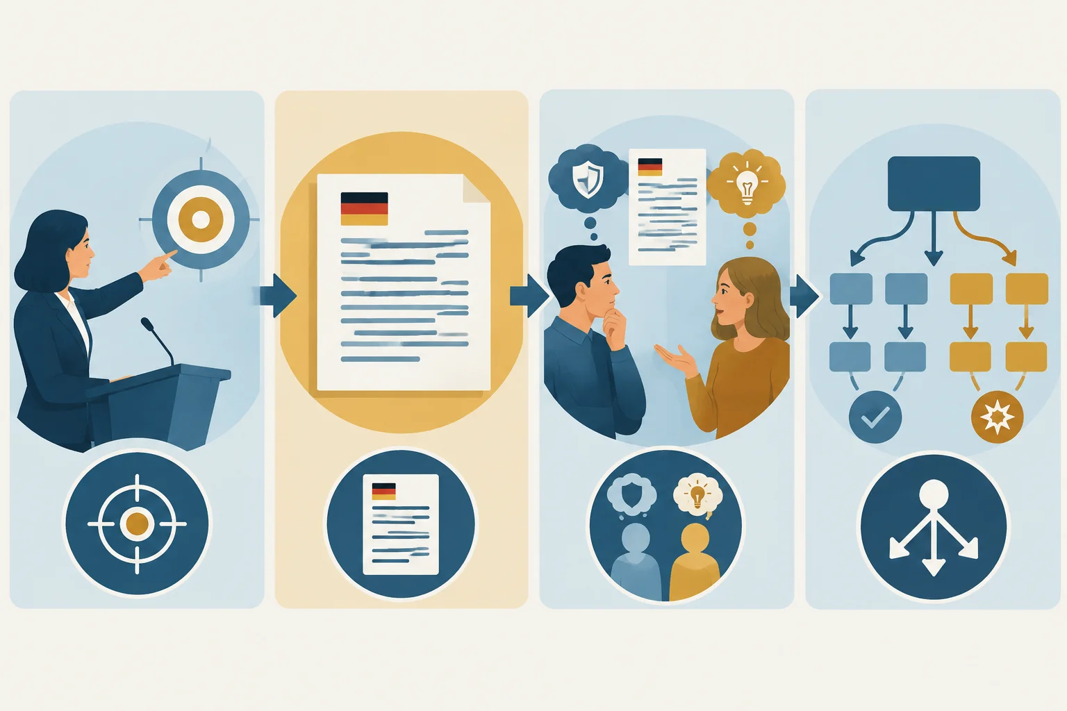 Diagrama em quatro etapas: posição pretendida, formulação usada, leitura possível e efeito comunicativo.