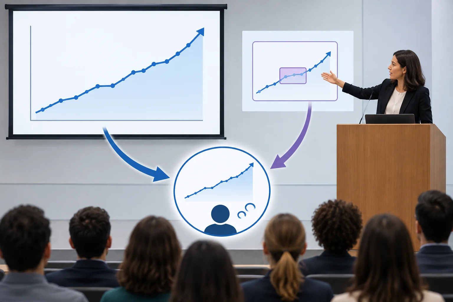 Diagrama mostrando slide, fala e a interpretação combinada do público; o slide parece amplo, mas a fala aponta para um subconjunto.