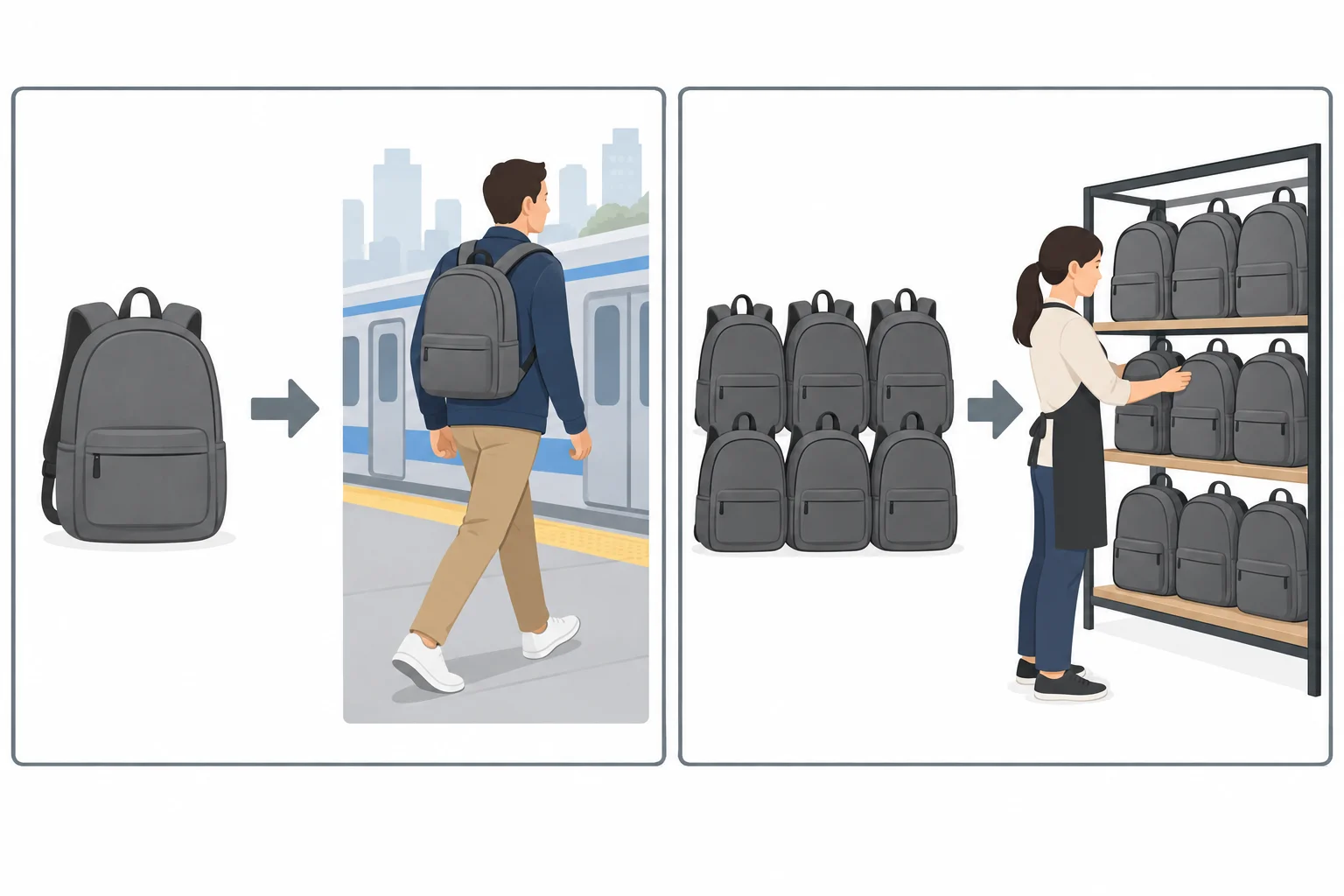 Comparação: à esquerda, uma pessoa usa a mochila que comprou; à direita, uma pessoa organiza várias mochilas para vendê-las a outras pessoas.