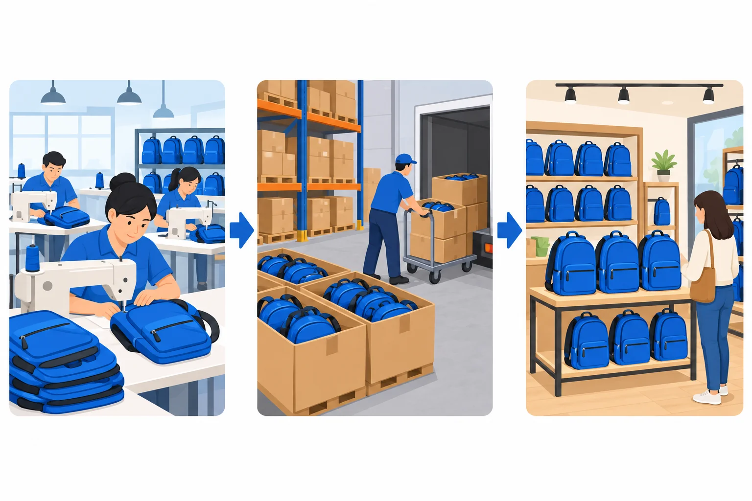 Três etapas ligadas por setas: uma fábrica produz mochilas, uma distribuidora recebe e encaminha caixas de mochilas e uma loja vende as mochilas.
