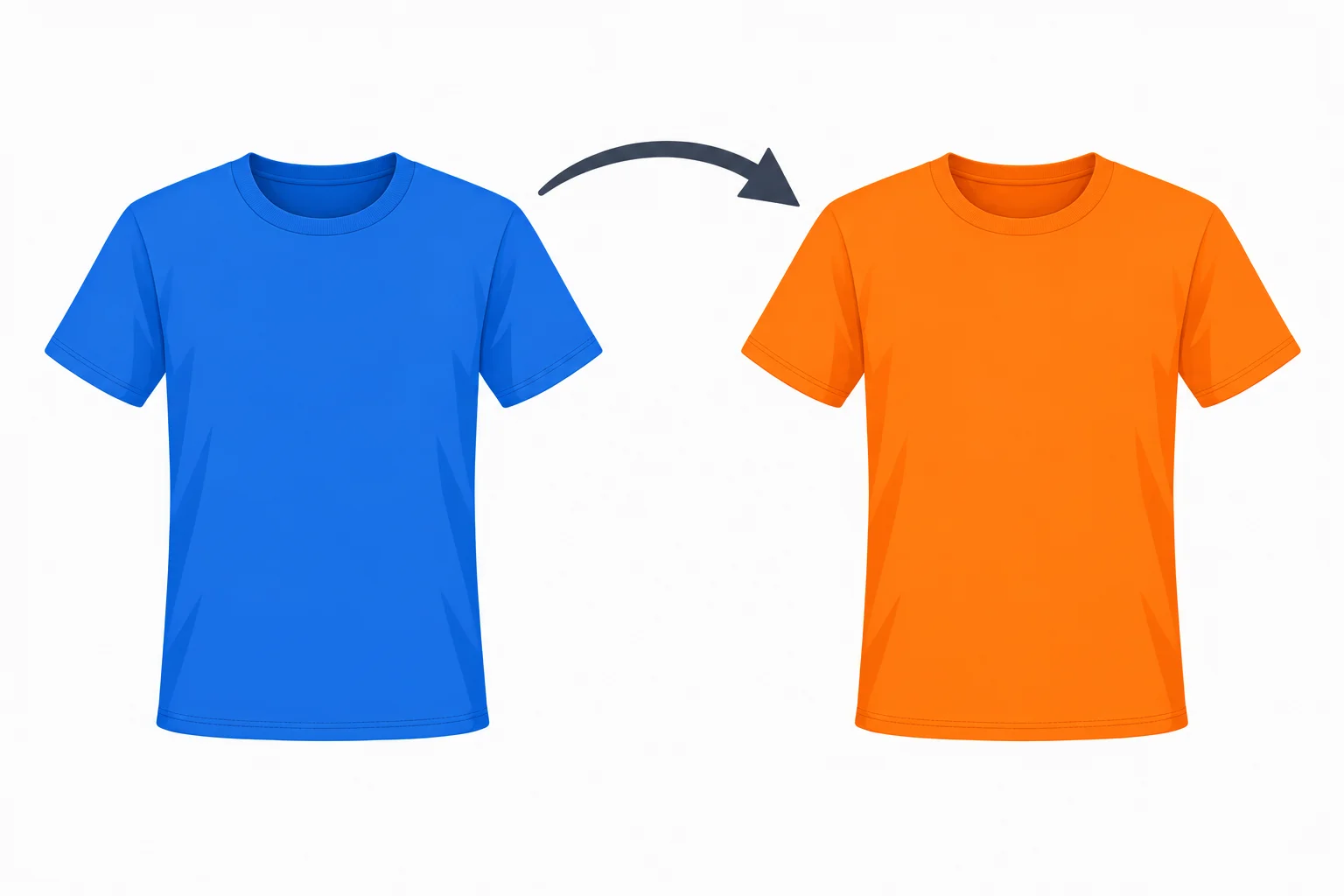 Duas camisetas do mesmo modelo, uma azul e outra laranja, ambas em perfeito estado, com uma seta da azul para a laranja.