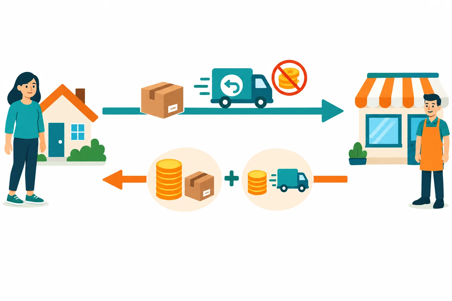 Esquema com consumidor à esquerda e fornecedor à direita. Uma seta leva o produto de volta ao fornecedor; outra traz ao consumidor o valor do produto e o frete original. O transporte de devolução aparece sem cobrança ao consumidor.