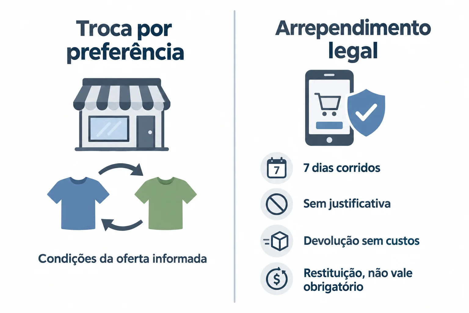 Comparação: na troca por preferência em loja física, aplicam-se as condições da oferta informada. No arrependimento legal, a política não pode reduzir os sete dias, exigir justificativa, cobrar a devolução ou impor vale no lugar da restituição.