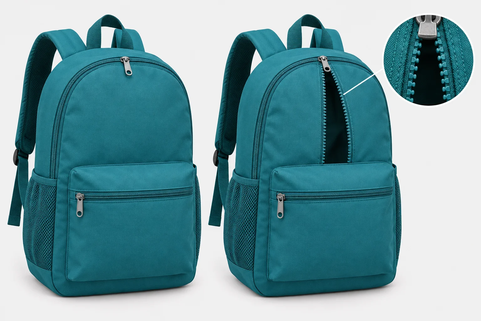 Comparação entre uma mochila com zíper fechado corretamente e outra cujo zíper deixa uma abertura, apesar de o cursor estar na posição de fechamento.