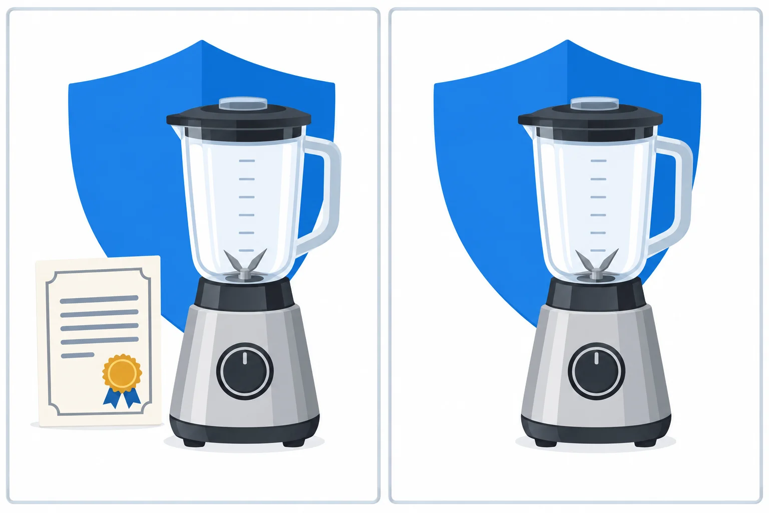 Comparação de dois produtos iguais: um acompanhado de certificado e outro sem certificado. Ambos aparecem com escudos idênticos, representando a mesma proteção legal.