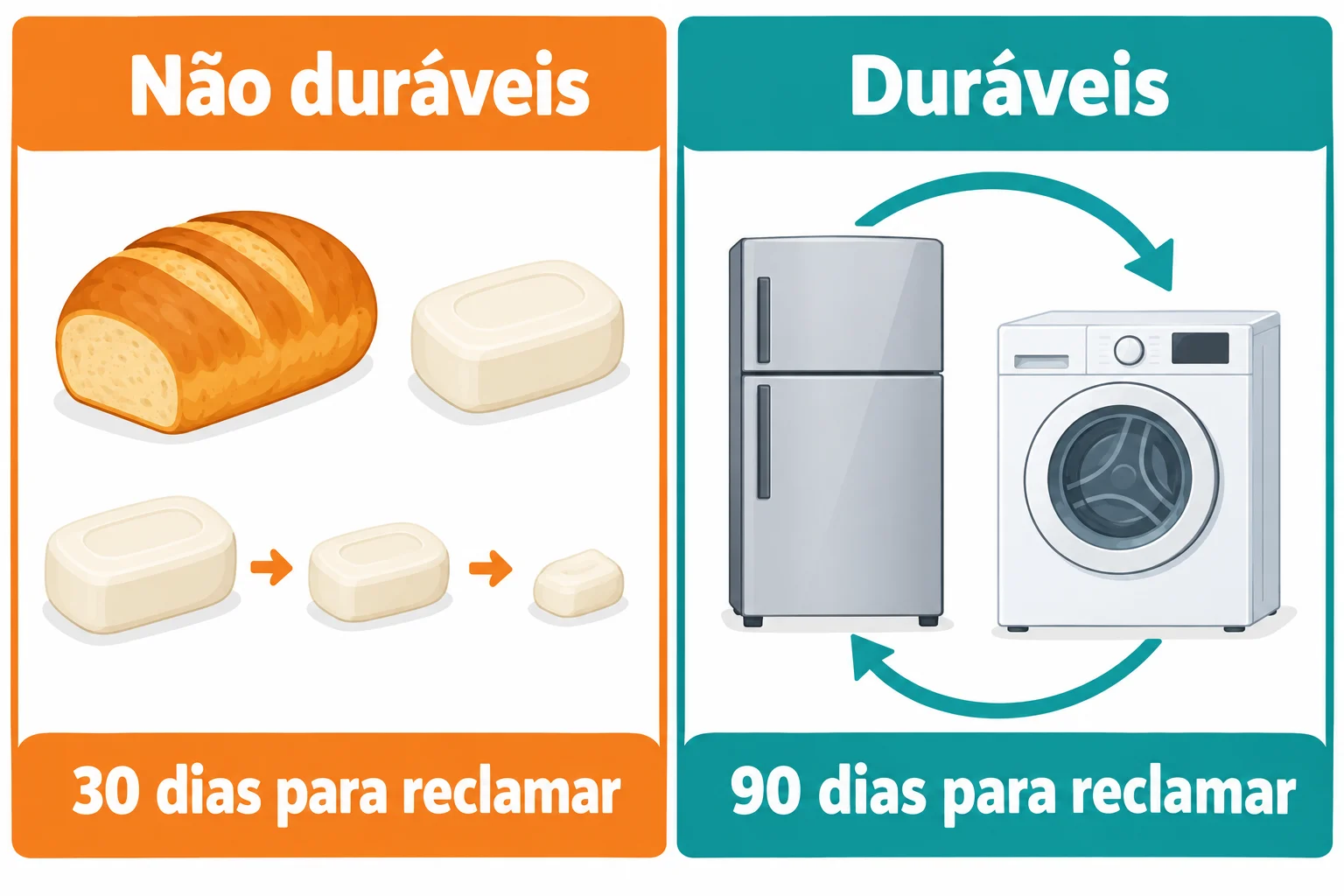 Comparação: alimentos e sabonetes são não duráveis, com prazo de 30 dias para reclamar; geladeira e máquina de lavar são duráveis, com prazo de 90 dias para reclamar.