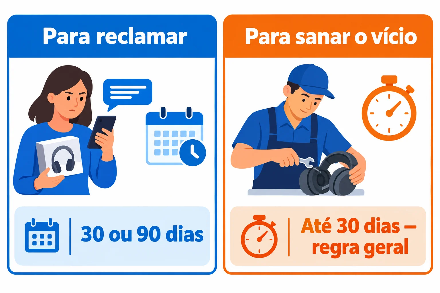 Comparação de dois prazos: o consumidor tem 30 ou 90 dias para reclamar, conforme o produto; o fornecedor tem, na regra geral, até 30 dias para resolver o vício.