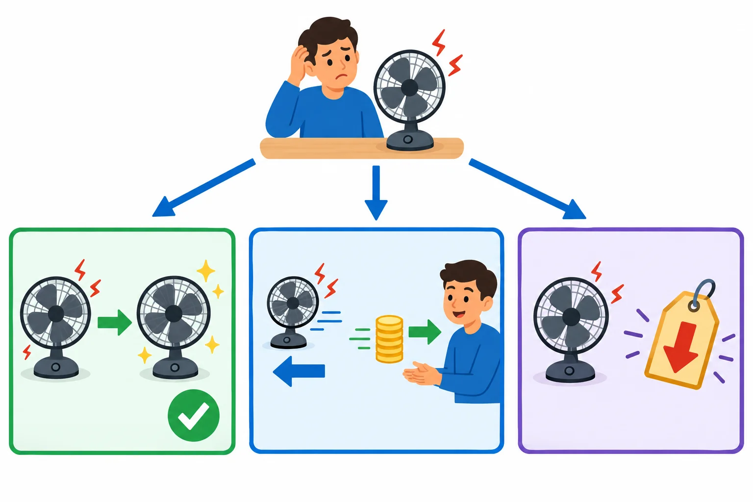 Um consumidor diante de três caminhos separados: substituir o produto, devolver o produto e receber o dinheiro, ou manter o produto com redução do preço.