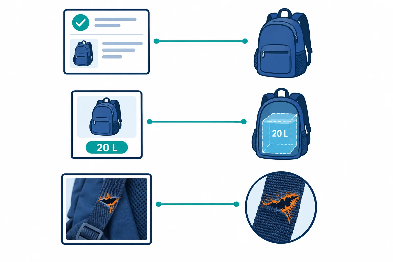Três associações: confirmação do pedido com a mochila comprada; oferta com a capacidade anunciada de 20 litros; foto aproximada com a alça rasgada.