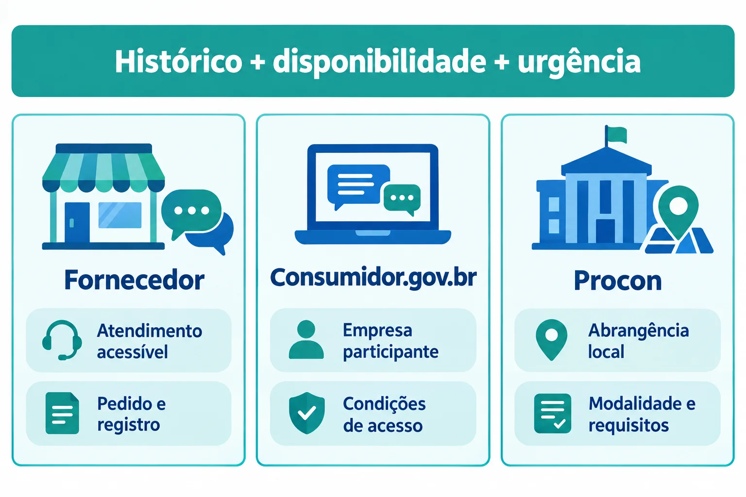 Três opções no mesmo nível: fornecedor, se o atendimento é acessível e permite apresentar o pedido e guardar registro; Consumidor.gov.br, se a empresa participa e você consegue usar o serviço; Procon, conforme abrangência, modalidade e requisitos locais.