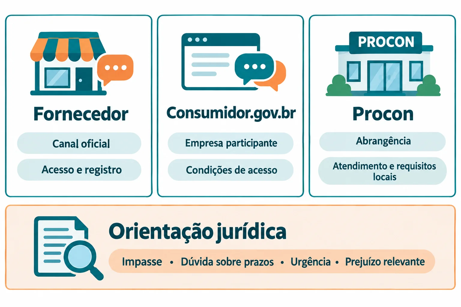 Três cartões no mesmo nível: fornecedor, com canal oficial, acesso e registro; Consumidor.gov.br, com empresa participante e condições de acesso; Procon, com abrangência, modalidade e requisitos locais. Uma faixa independente destaca orientação jurídica diante de impasse, dúvida sobre prazos, urgência ou prejuízo relevante.