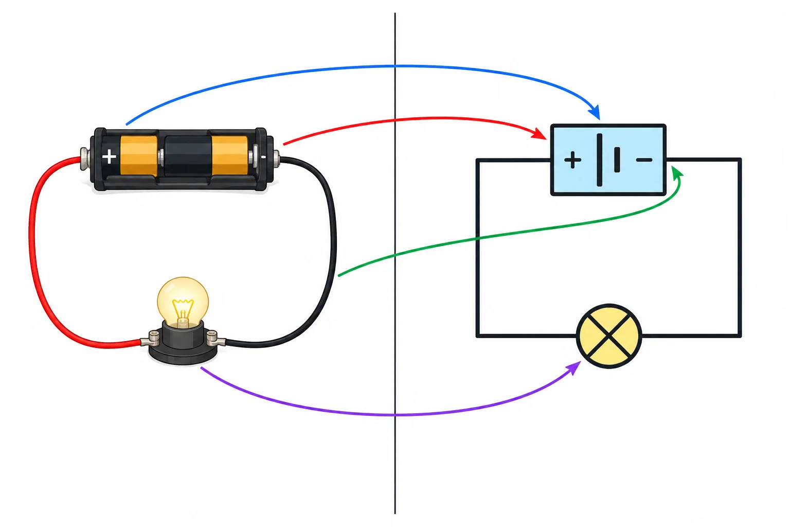 Comparação entre um circuito físico com bateria, fios e lâmpada e sua representação esquemática simplificada, organizada de outra forma.