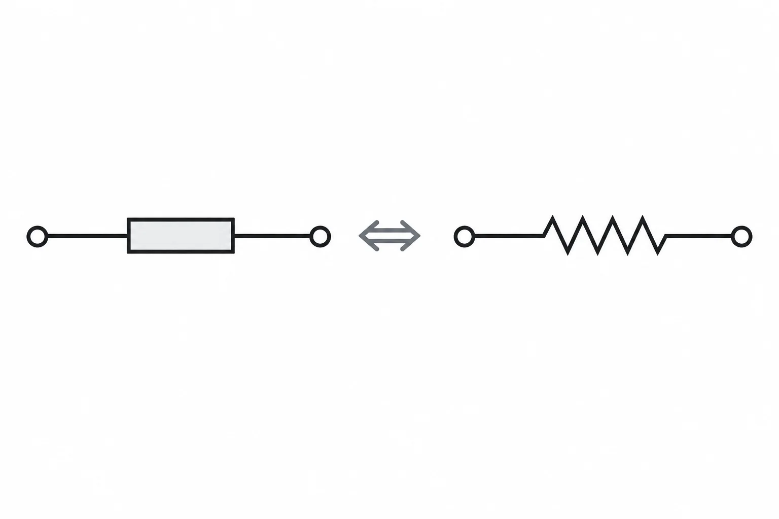 Comparação lado a lado de um resistor em retângulo e um resistor em zigue-zague, ambos ligados por linhas de condutores.