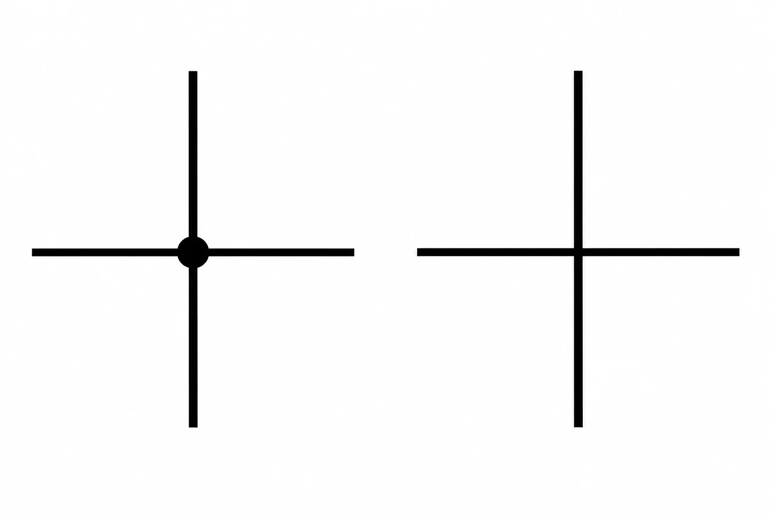 Comparação entre uma junção marcada por ponto e um cruzamento de linhas sem ponto.