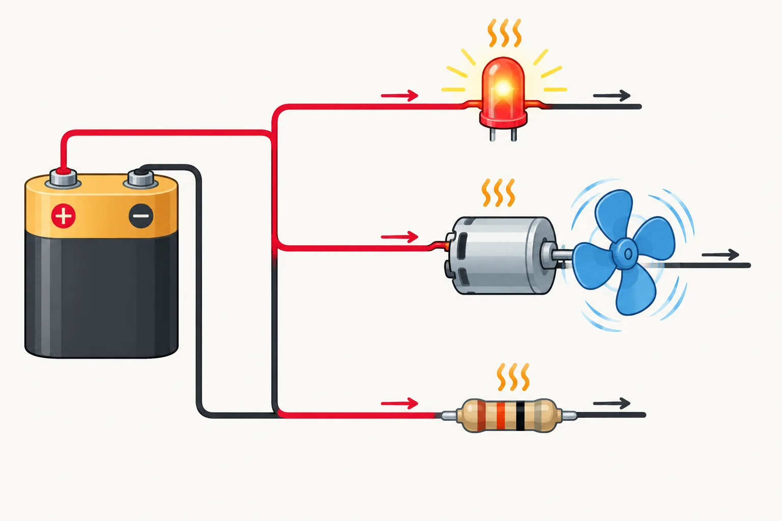 Diagrama de uma fonte fornecendo energia elétrica a uma lâmpada, um motor e um resistor, com saídas visuais de luz, movimento e calor.