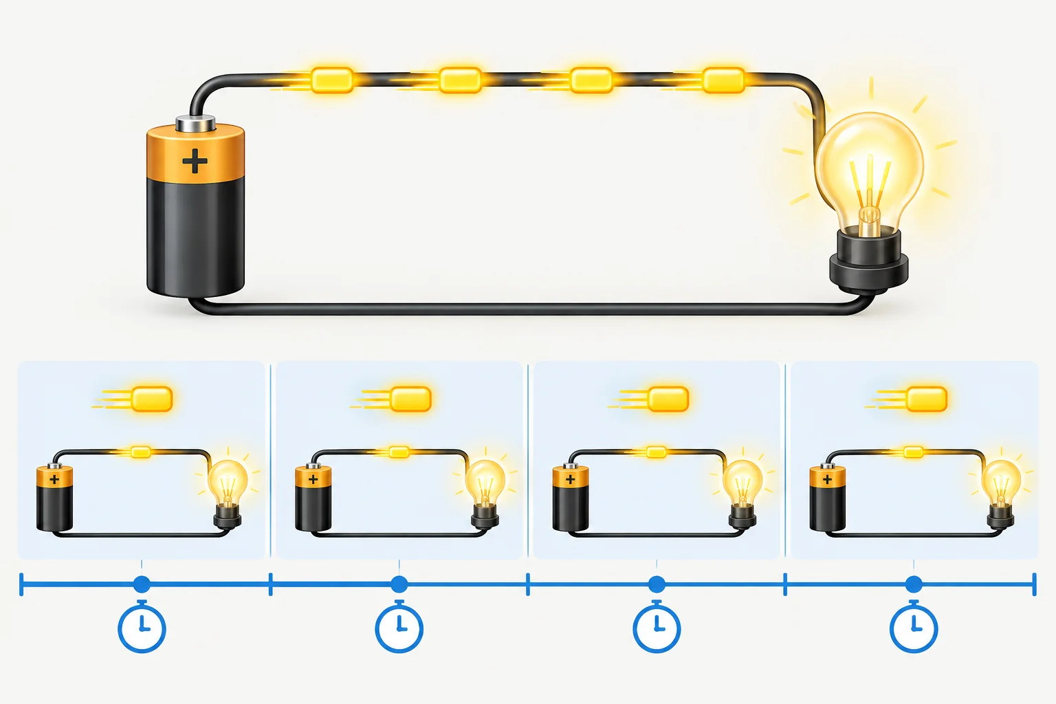 Diagrama de uma lâmpada recebendo pacotes iguais de energia em quatro intervalos de um segundo.