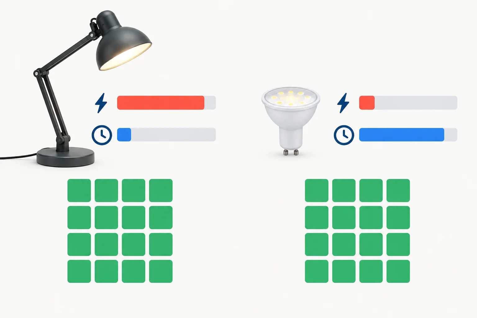 Dois dispositivos com barras de potência e duração diferentes, ligados a blocos que representam a energia total.