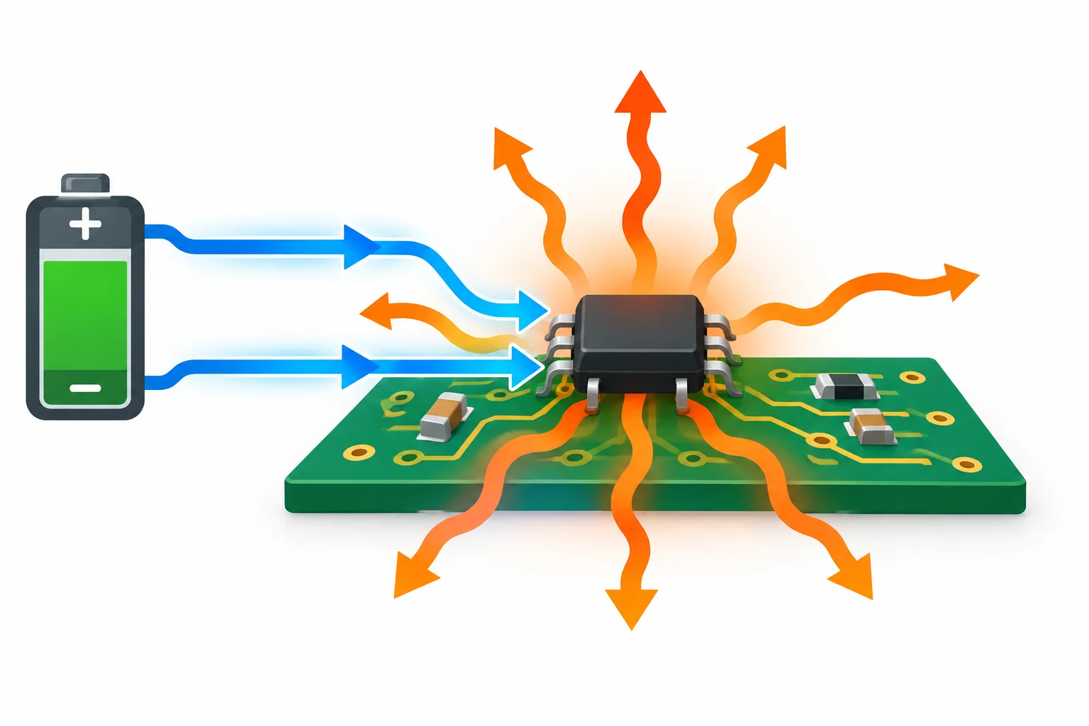 Diagrama mostrando energia elétrica chegando a um componente e calor sendo transferido dele para o ar e para a placa.