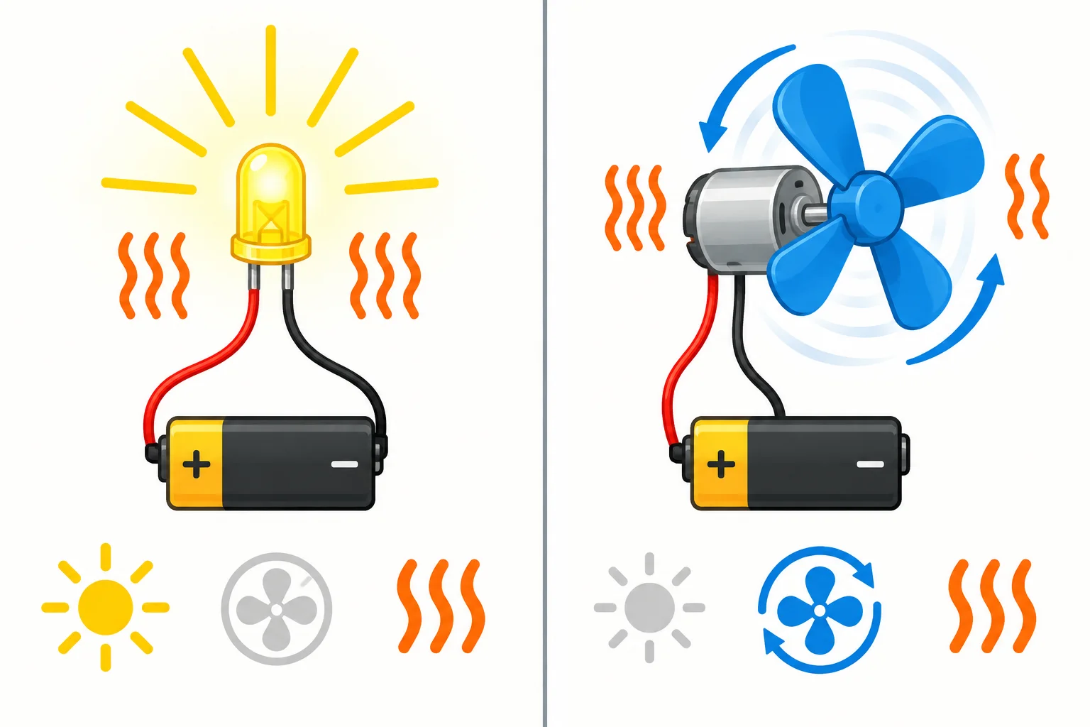 Comparação: uma lâmpada produz luz e calor; um motor produz movimento e calor.