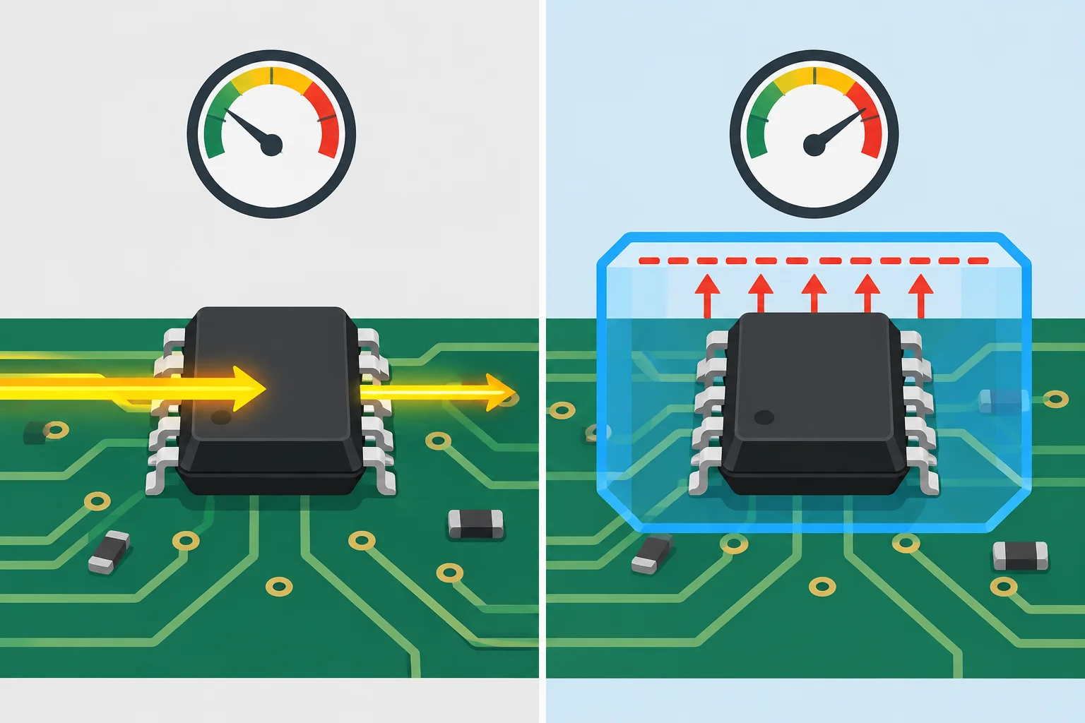 Comparação visual entre a potência efetivamente presente em um componente e um teto de potência admissível.