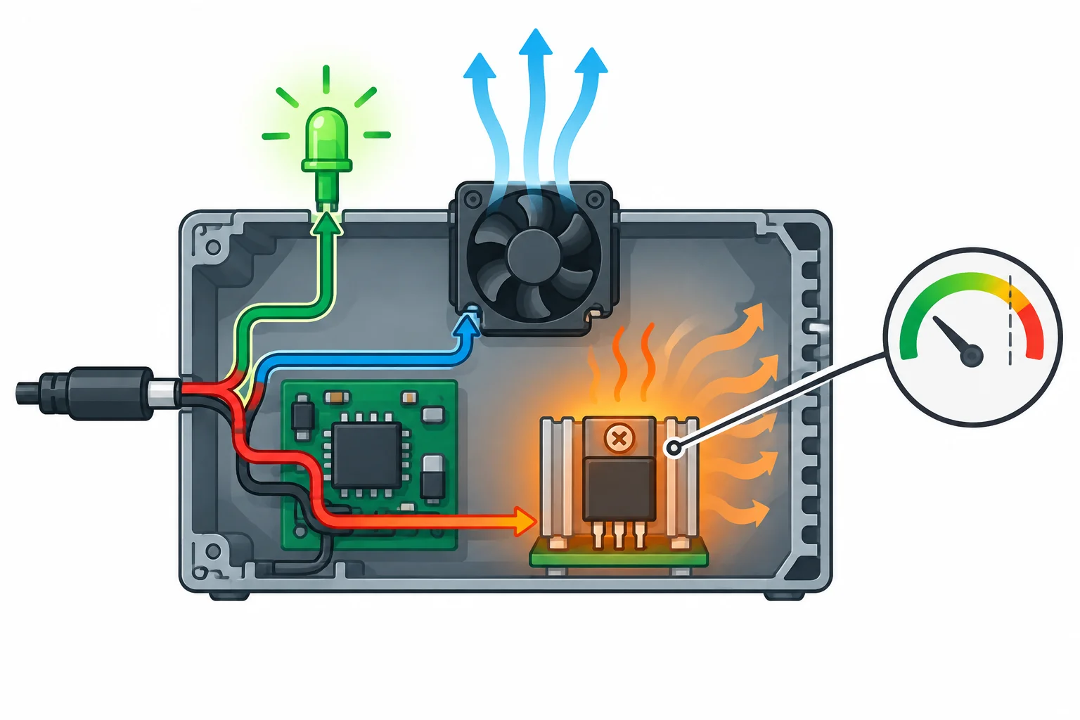 Diagrama de uma carga em que a energia elétrica se divide entre luz, movimento e calor em um componente interno; a dissipação do componente fica abaixo de um limite.