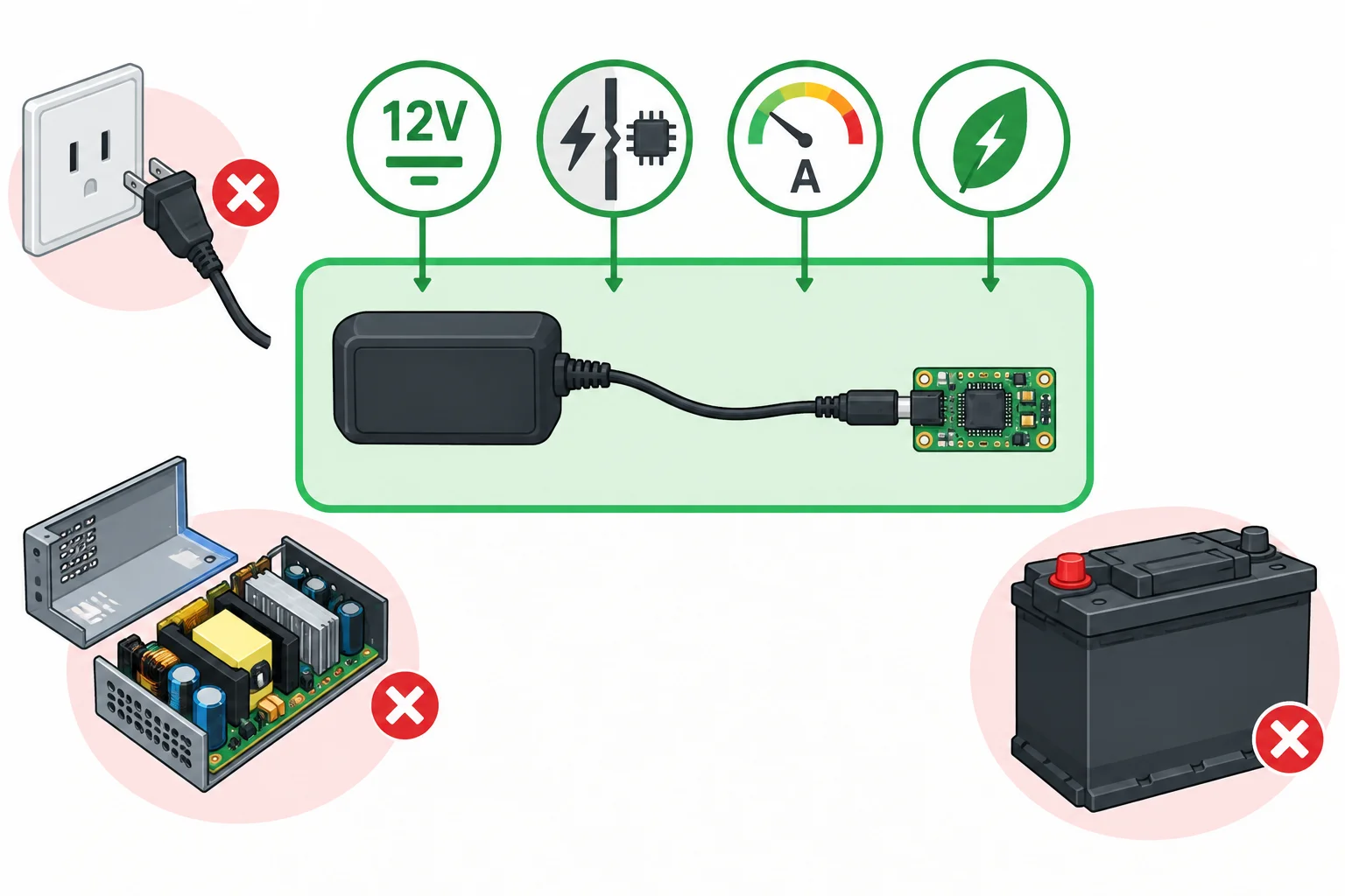 Diagrama de uma fonte CC fechada ligada a uma pequena montagem dentro de uma área delimitada, enquanto tomada, fonte aberta e bateria automotiva ficam fora dela.