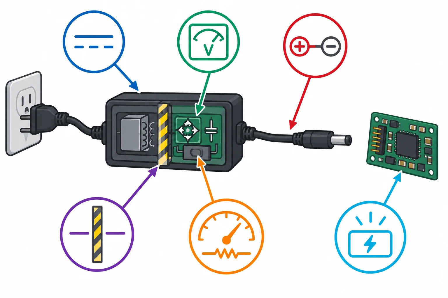 Diagrama de uma fonte comercial fechada com indicadores visuais de saída CC, tensão, polaridade, isolamento, limitação de corrente e energia disponível.